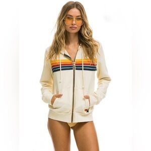 AVIATOR NATION Size XXL Unisex 5 Stripe Hoodie Vintage White/Off White Full Zip